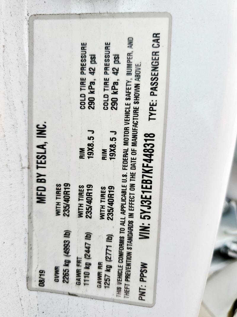 2019 TESLA MODEL 3 5YJ3E1EB7KF448318