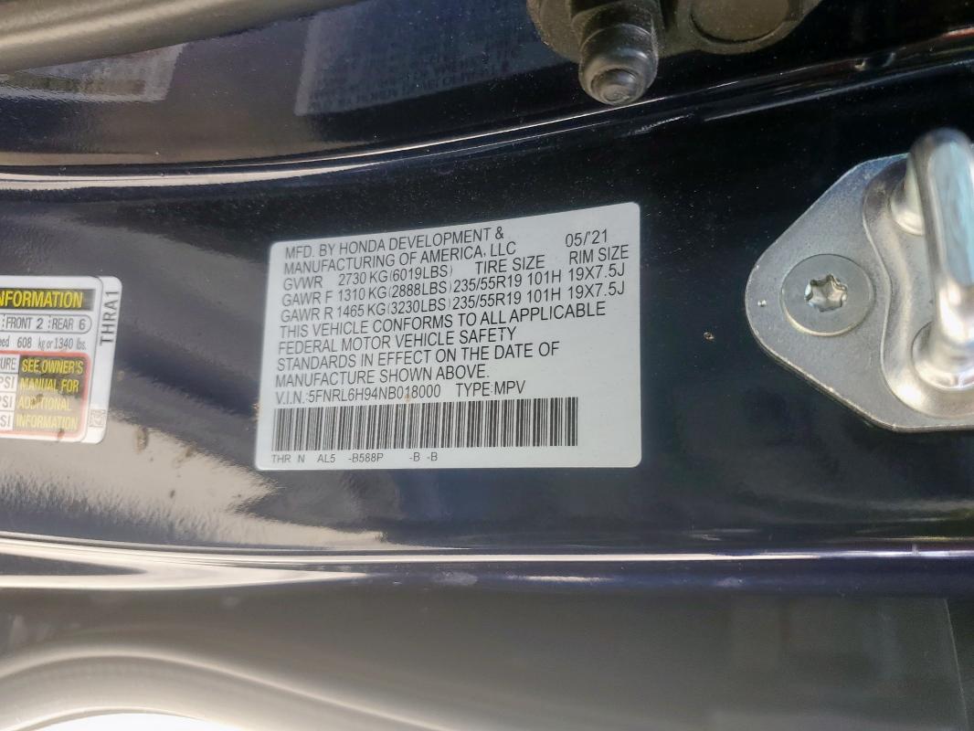 2022 HONDA ODYSSEY EL 5FNRL6H94NB018000