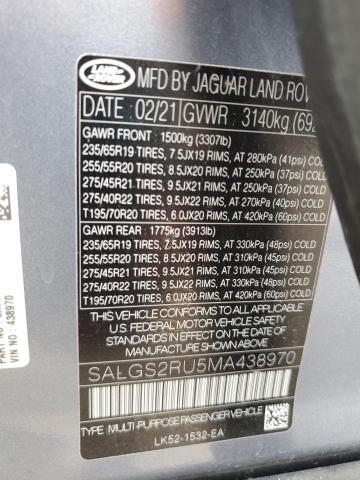 2021 LAND ROVER RANGE ROVE SALGS2RU5MA438970