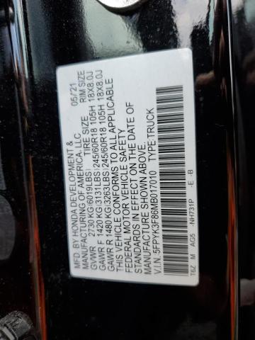2021 HONDA RIDGELINE 5FPYK3F86MB017010