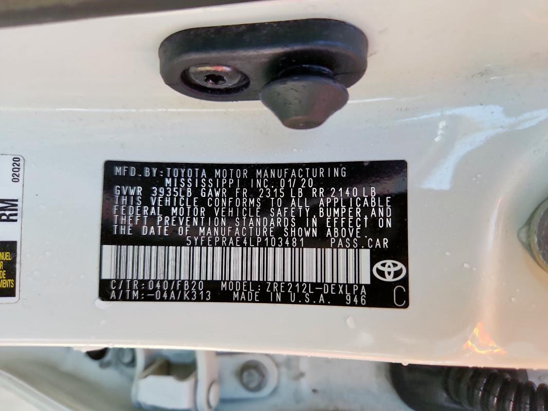 2020 TOYOTA COROLLA LE 5YFEPRAE4LP103481