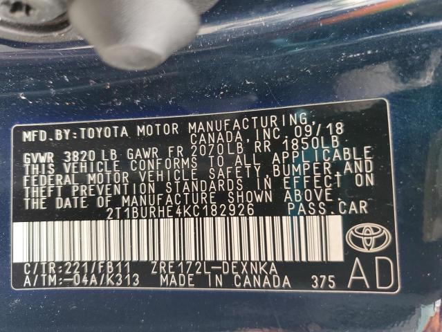 2019 TOYOTA COROLLA LE 2T1BURHE4KC182926