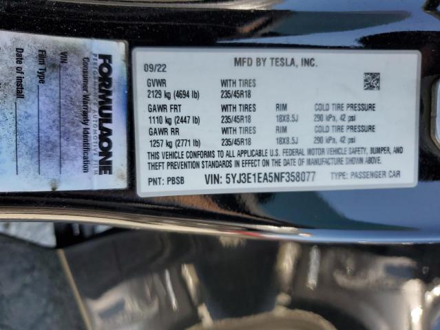 2022 TESLA MODEL 3 5YJ3E1EA5NF358077