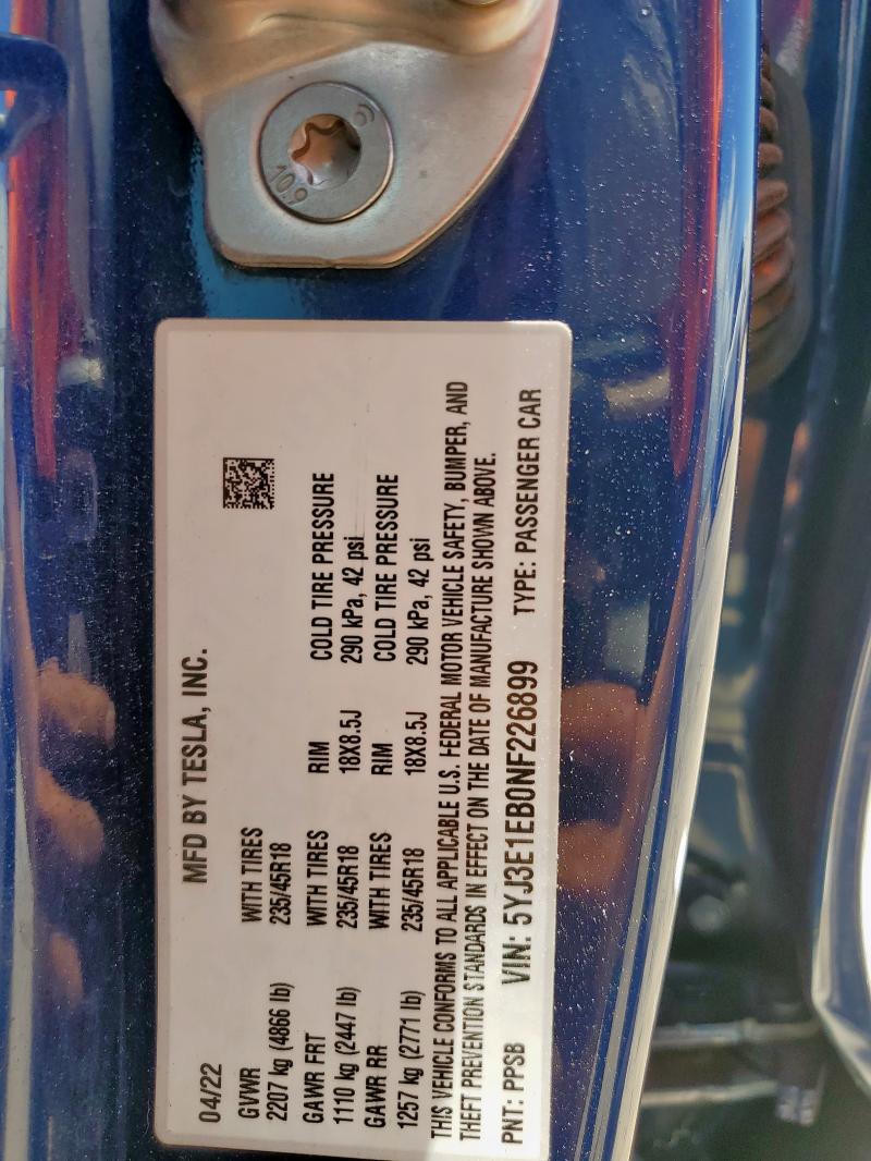 2022 TESLA MODEL 3 5YJ3E1EB0NF226899
