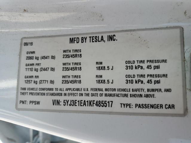 2019 TESLA MODEL 3 AW 5YJ3E1EA1KF485517