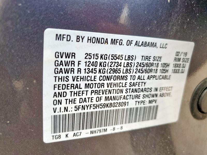 2019 HONDA PILOT EXL - 5FNYF5H59KB028091