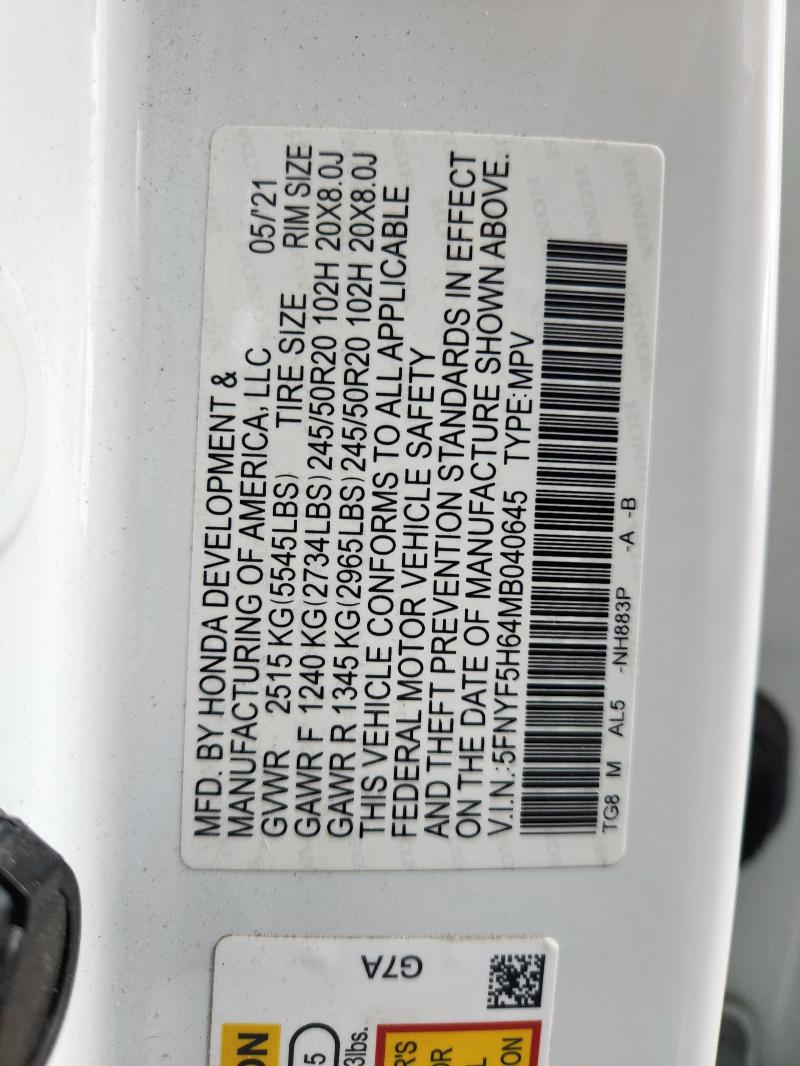 2021 HONDA PILOT TOURING 5FNYF5H64MB040645