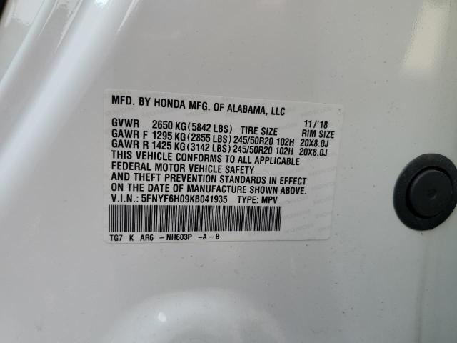 2019 HONDA PILOT ELIT 5FNYF6H09KB041935