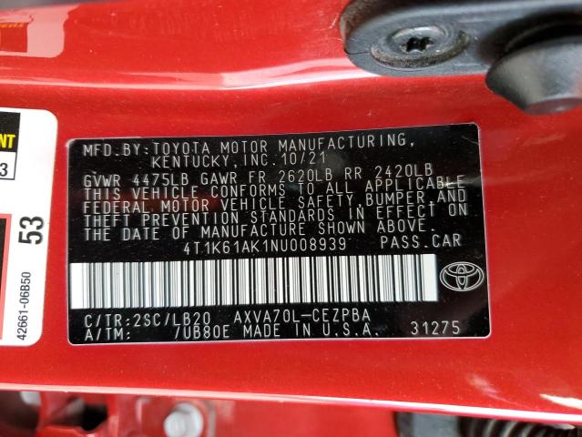 2022 TOYOTA CAMRY XSE 4T1K61AK1NU008939