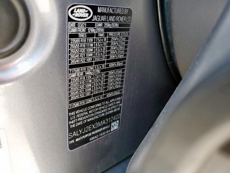 2021 LAND ROVER RANGE ROVE SALYJ2EX3MA312422