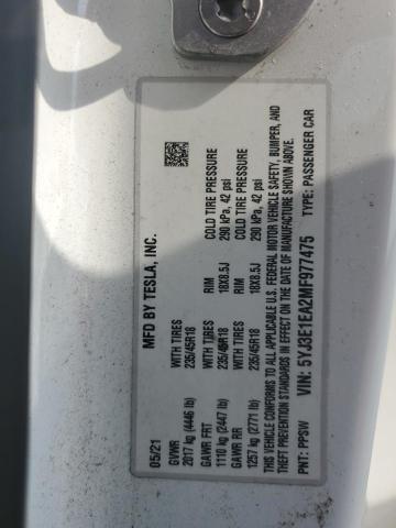 2021 TESLA MODEL 3 5YJ3E1EA2MF977475