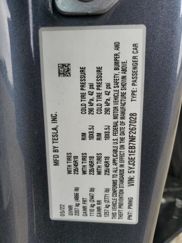 2022 TESLA MODEL 3 5YJ3E1EB7NF267028