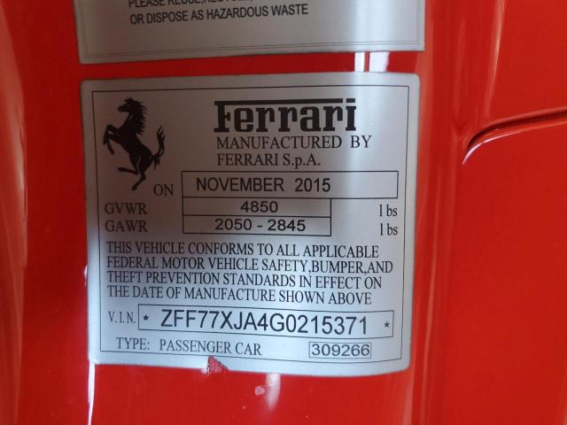2016 FERRARI CALIFORNIA ZFF77XJA4G0215371