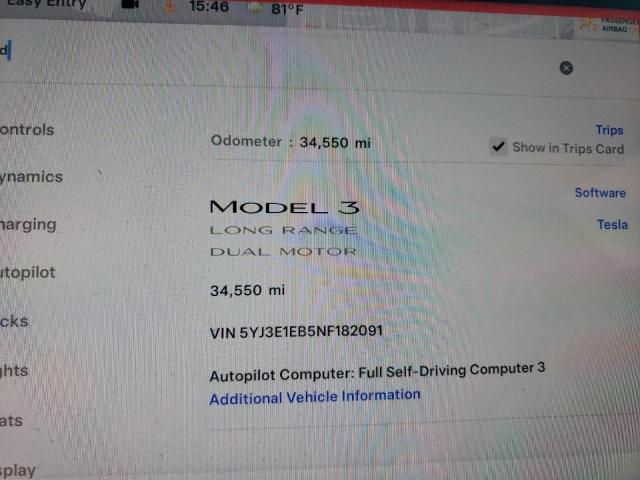 2022 TESLA MODEL 3 5YJ3E1EB5NF182091