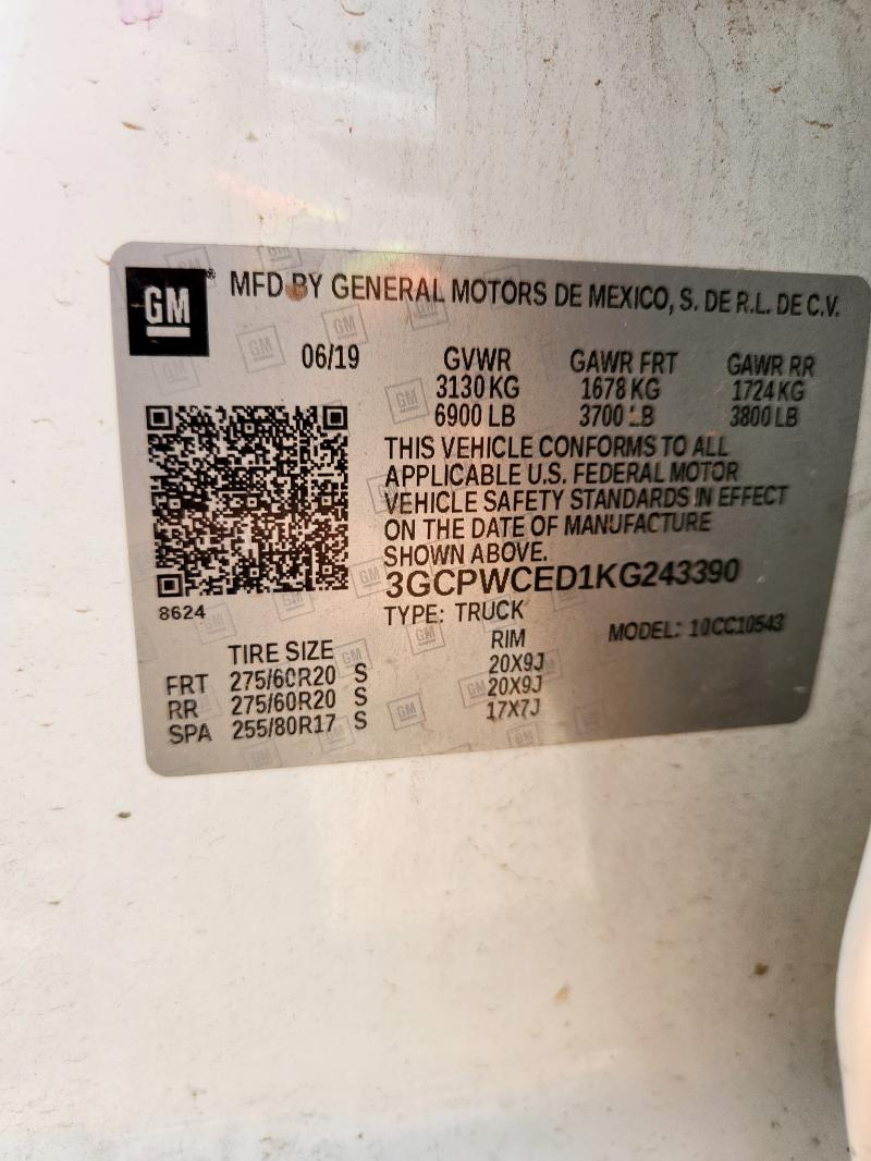 2019 CHEVROLET SILVERADO 3GCPWCED1KG243390