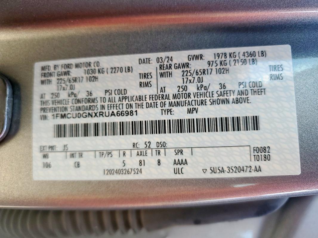 2024 FORD ESCAPE ACT 1FMCU0GNXRUA66981