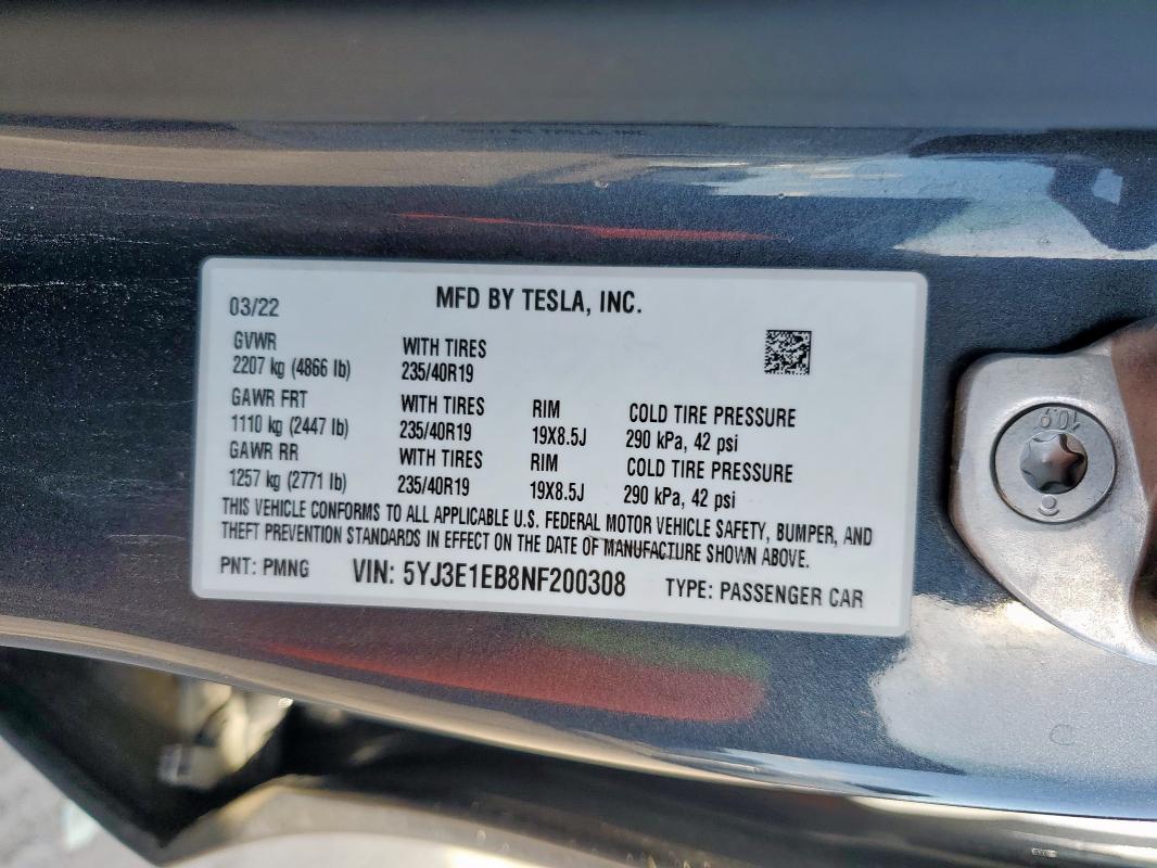 2022 TESLA MODEL 3 - 5YJ3E1EB8NF200308