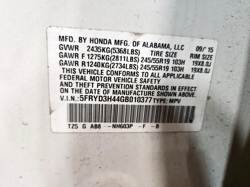 2016 ACURA MDX TECHNO 5FRYD3H44GB010377