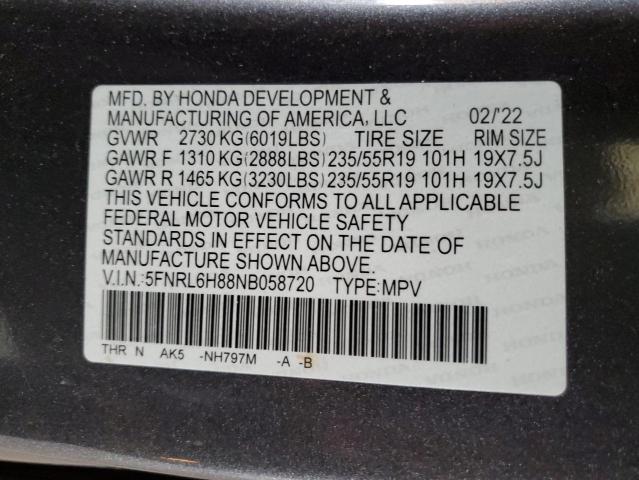 2022 HONDA ODYSSEY TO 5FNRL6H88NB058720