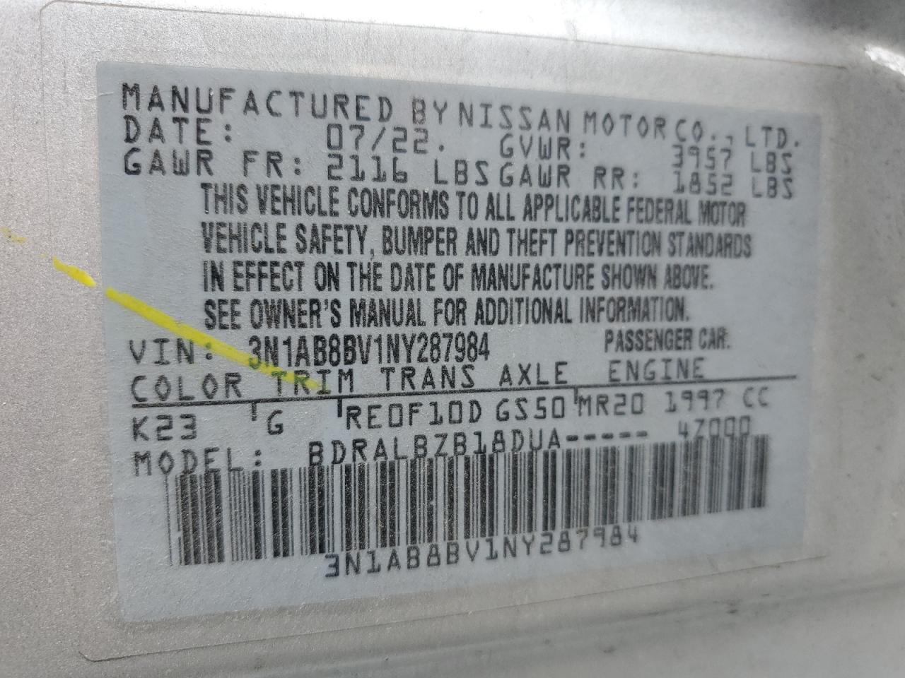 Lot #3239290150 2022 NISSAN SENTRA S