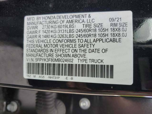 2021 HONDA RIDGELINE 5FPYK3F80MB024602