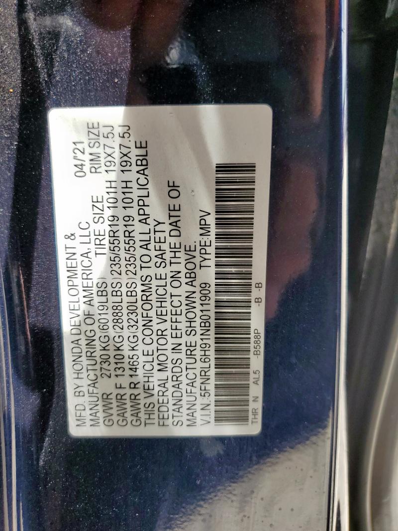 2022 HONDA ODYSSEY EL 5FNRL6H91NB011909