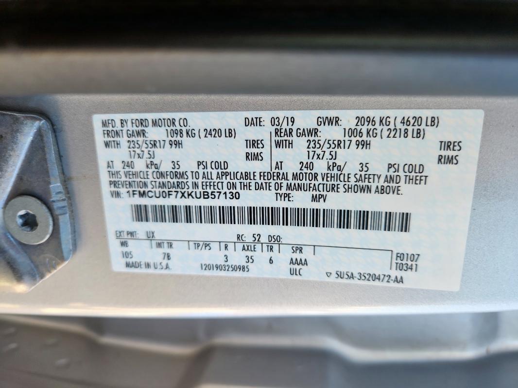 2019 FORD ESCAPE S 1FMCU0F7XKUB57130