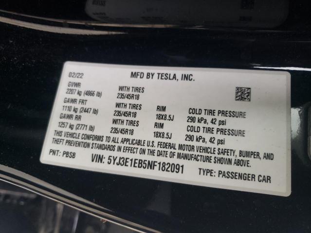 2022 TESLA MODEL 3 5YJ3E1EB5NF182091