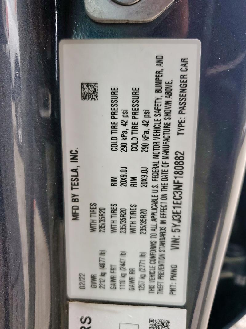 2022 TESLA MODEL 3 5YJ3E1EC3NF180882