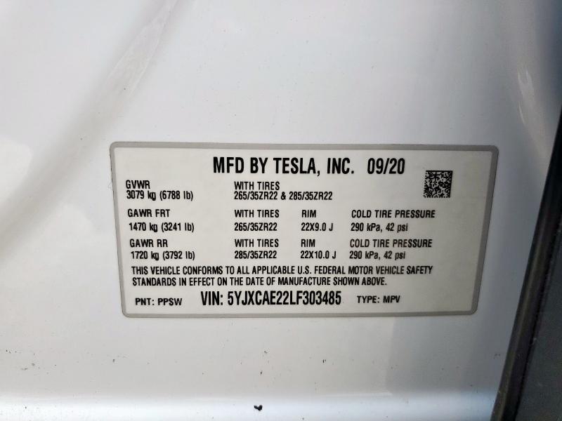 2020 TESLA MODEL X 5YJXCAE22LF303485