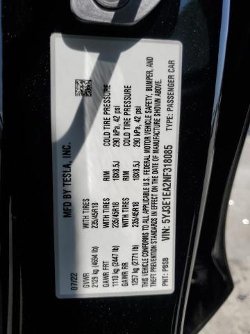 2022 TESLA MODEL 3 5YJ3E1EA2NF318085