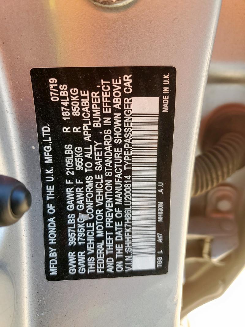 2020 HONDA CIVIC EXL SHHFK7H86LU200814