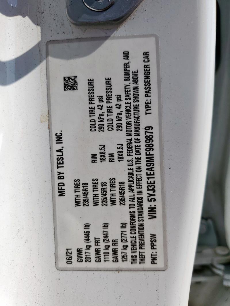 2021 TESLA MODEL 3 - 5YJ3E1EA9MF989879
