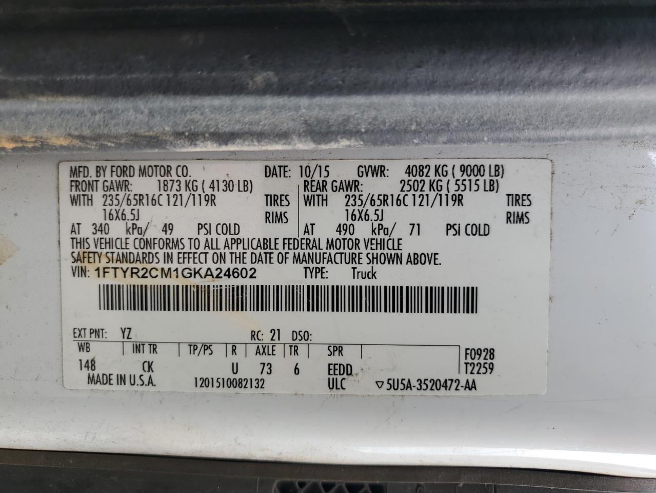 1FTYR2CM1GKA24602 FORD TRANSIT 2016