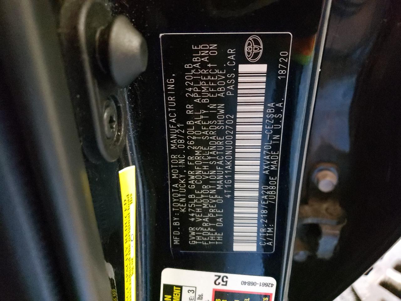 4T1G11AK0NU002702 TOYOTA CAMRY 2022