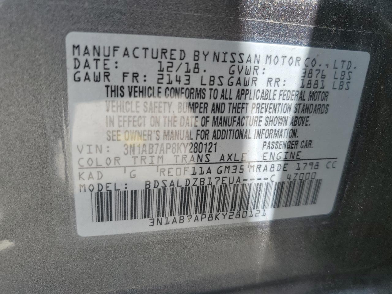 3N1AB7AP8KY280121 NISSAN SENTRA 2019