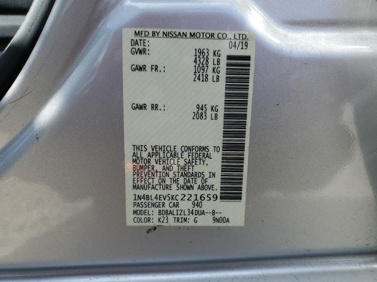 1N4BL4EV5KC221659 NISSAN ALTIMA 2019