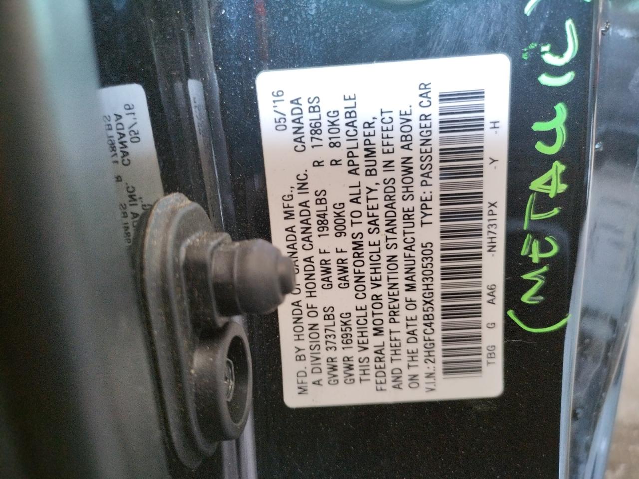 2HGFC4B5XGH305305 HONDA CIVIC 2016