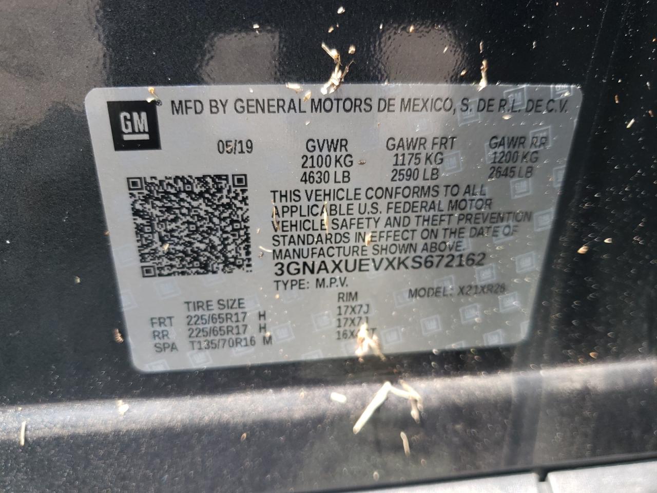 3GNAXUEVXKS672162 CHEVROLET EQUINOX 2019