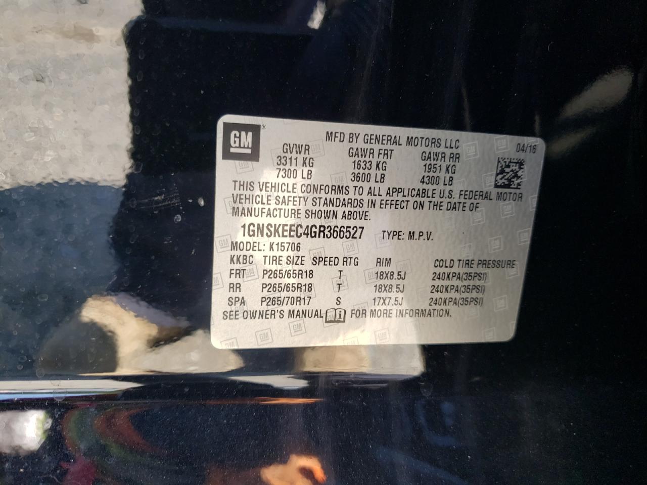 1GNSKEEC4GR366527 CHEVROLET TAHOE 2016