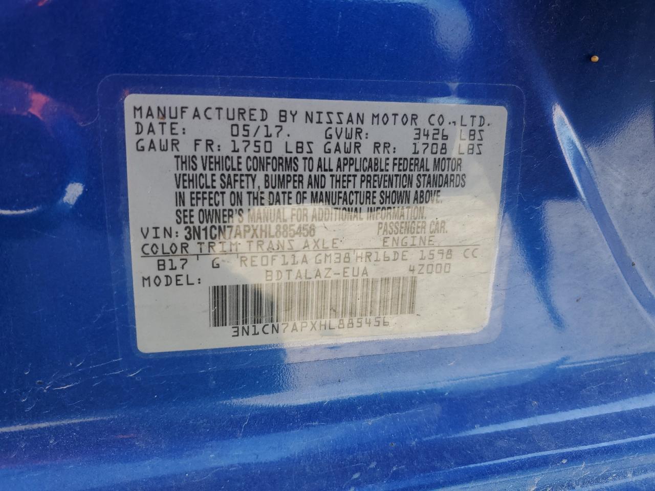 3N1CN7APXHL885456 NISSAN VERSA 2017