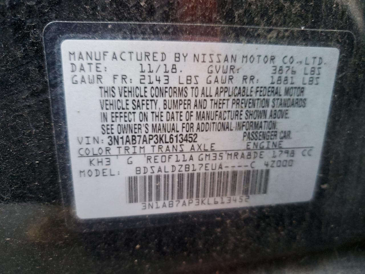 3N1AB7AP3KL613452 NISSAN SENTRA 2019