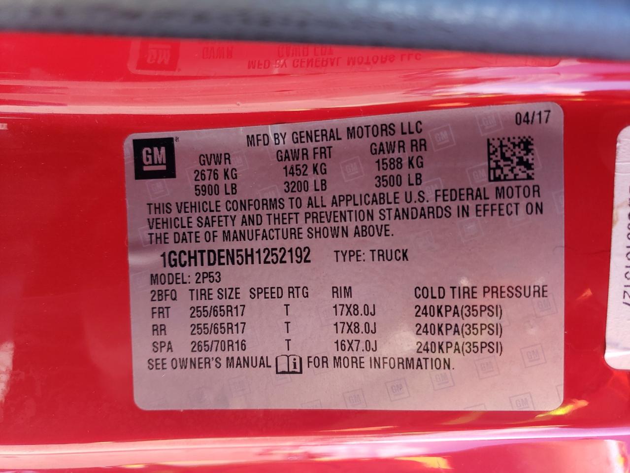 1GCHTDEN5H1252192 CHEVROLET COLORADO 2017