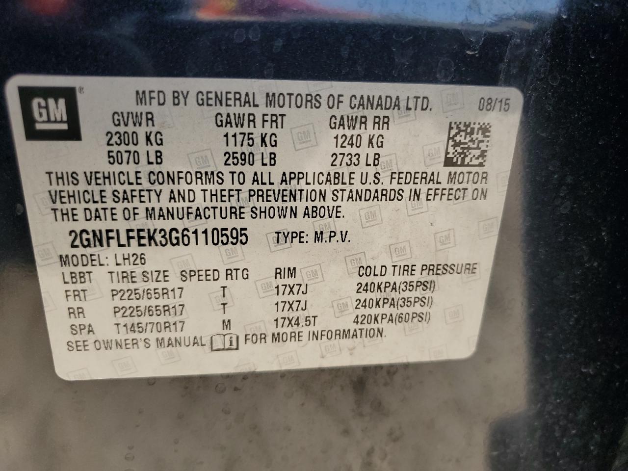 2GNFLFEK3G6110595 CHEVROLET EQUINOX 2016