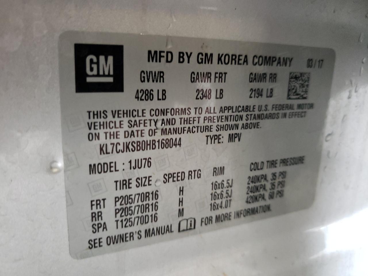 KL7CJKSB0HB168044 CHEVROLET TRAX 2017