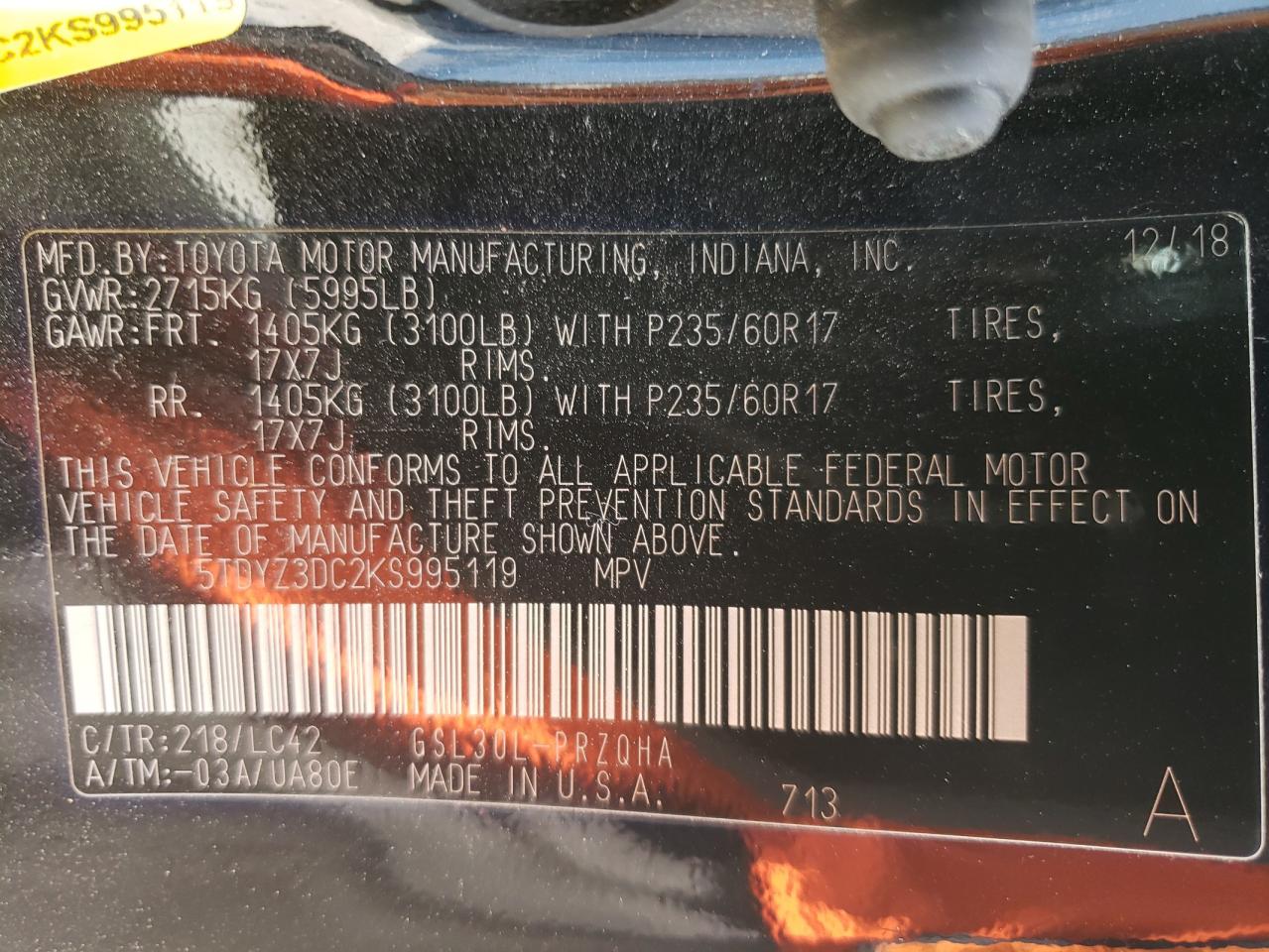 5TDYZ3DC2KS995119 TOYOTA All Models 2019