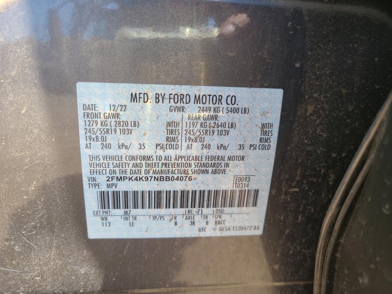 2FMPK4K97NBB04076 FORD EDGE 2022