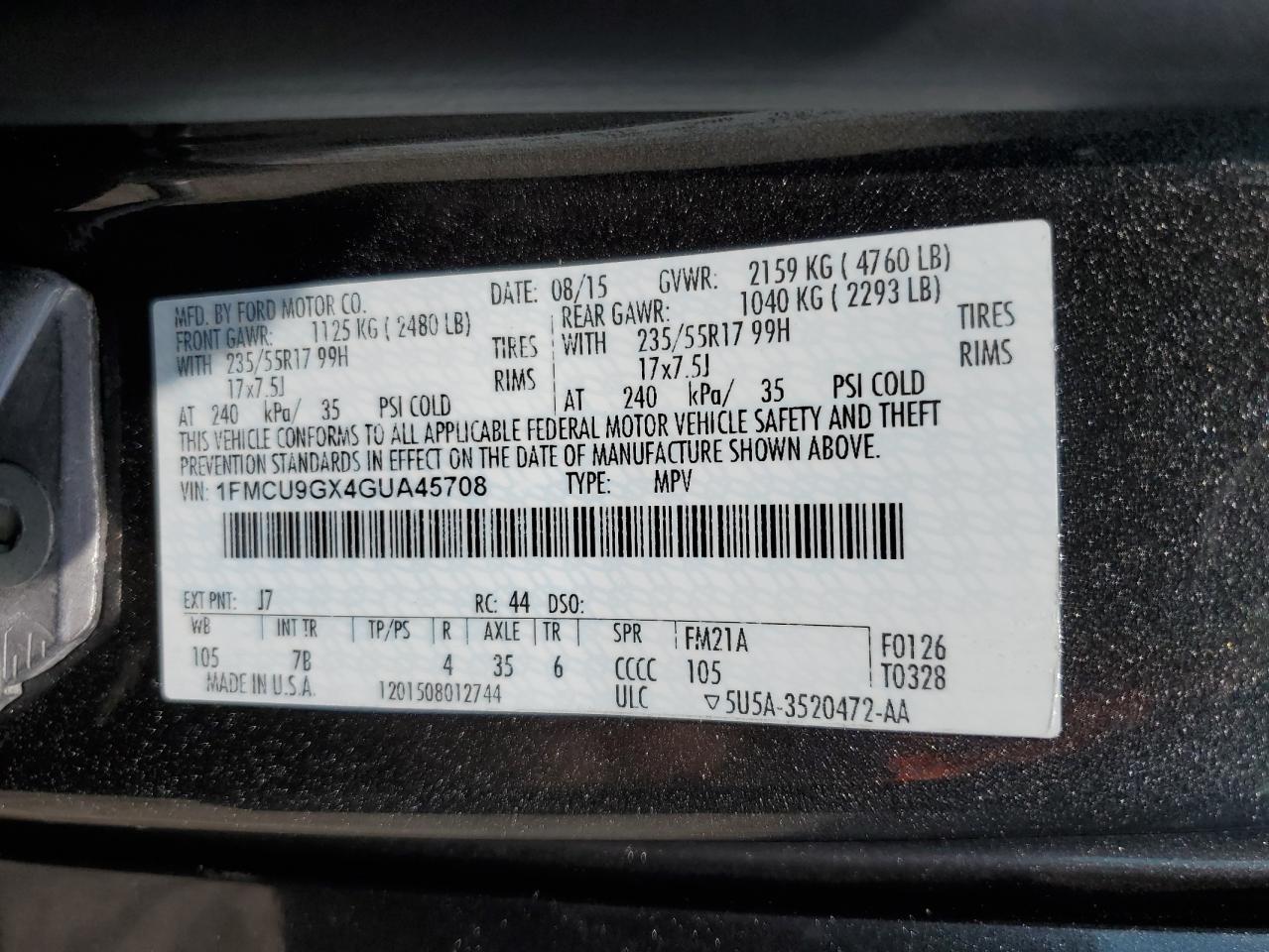 1FMCU9GX4GUA45708 FORD ESCAPE 2016