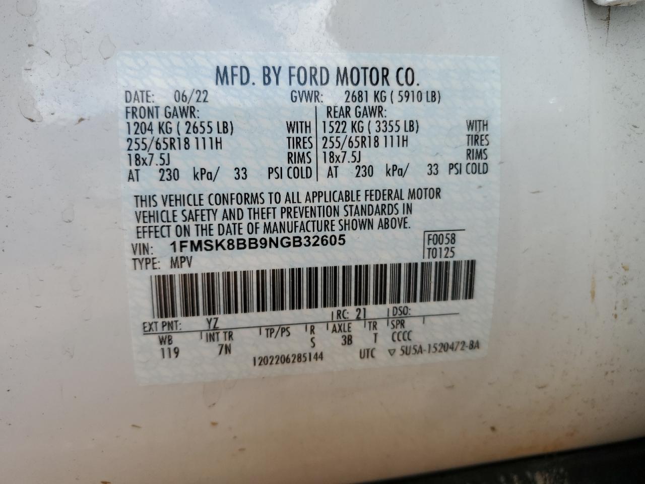 1FMSK8BB9NGB32605 FORD EXPLORER 2022