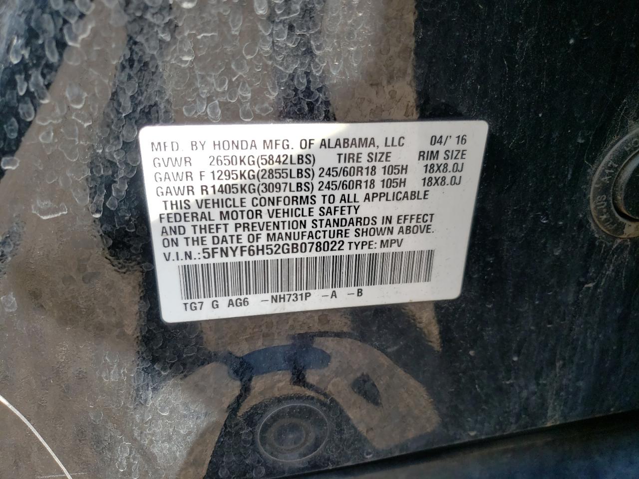 5FNYF6H52GB078022 HONDA PILOT 2016